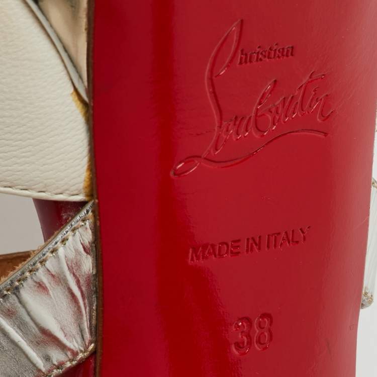 Pre Owned Christian Louboutin Multicolor Python and Leather Crisscross Peep Toe Platform Pumps Size 38