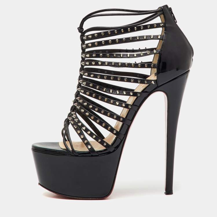 Pre Owned Christian Louboutin Black Patent and Leather Spike Millaclou Cage Platform Sandals Size 38.5