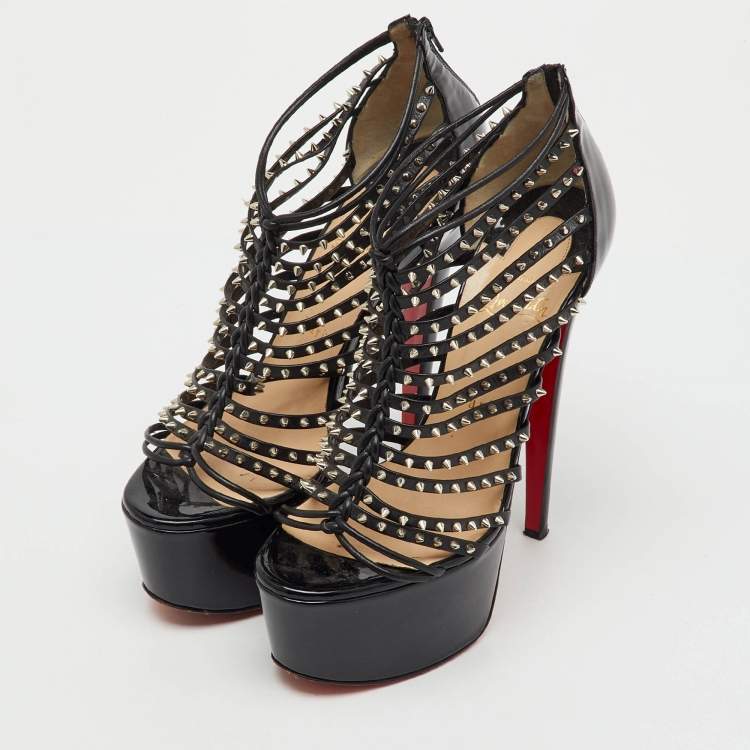 Pre Owned Christian Louboutin Black Patent and Leather Spike Millaclou Cage Platform Sandals Size 38.5