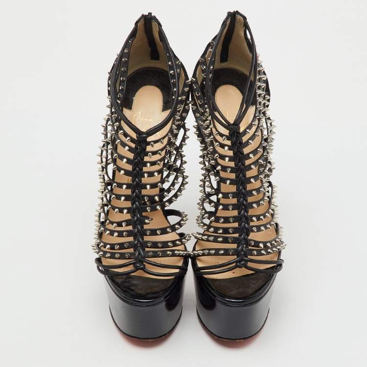 Pre Owned Christian Louboutin Black Patent and Leather Spike Millaclou Cage Platform Sandals Size 38.5