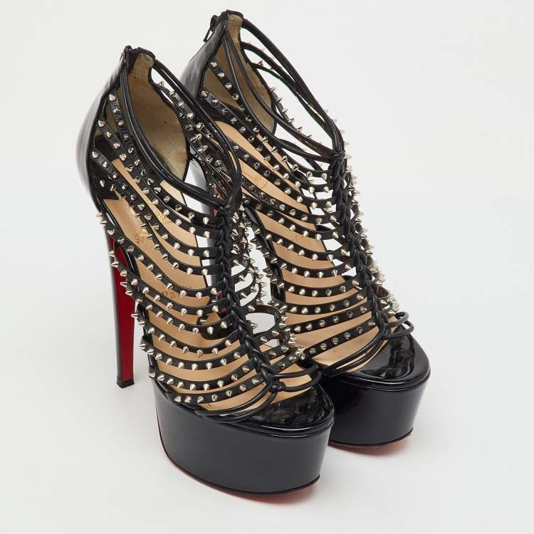Pre Owned Christian Louboutin Black Patent and Leather Spike Millaclou Cage Platform Sandals Size 38.5