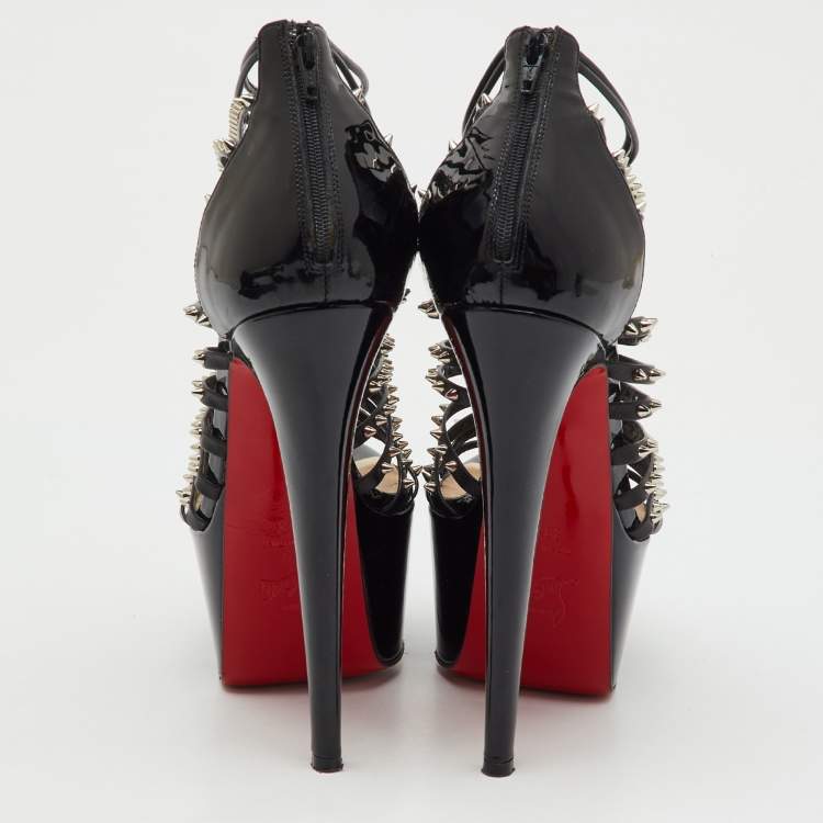 Pre Owned Christian Louboutin Black Patent and Leather Spike Millaclou Cage Platform Sandals Size 38.5