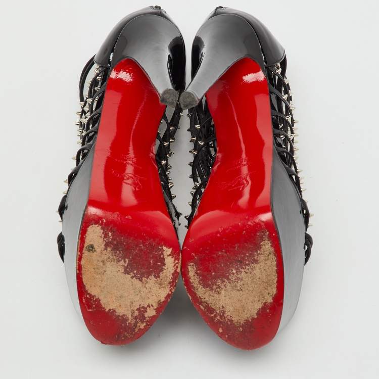 Pre Owned Christian Louboutin Black Patent and Leather Spike Millaclou Cage Platform Sandals Size 38.5