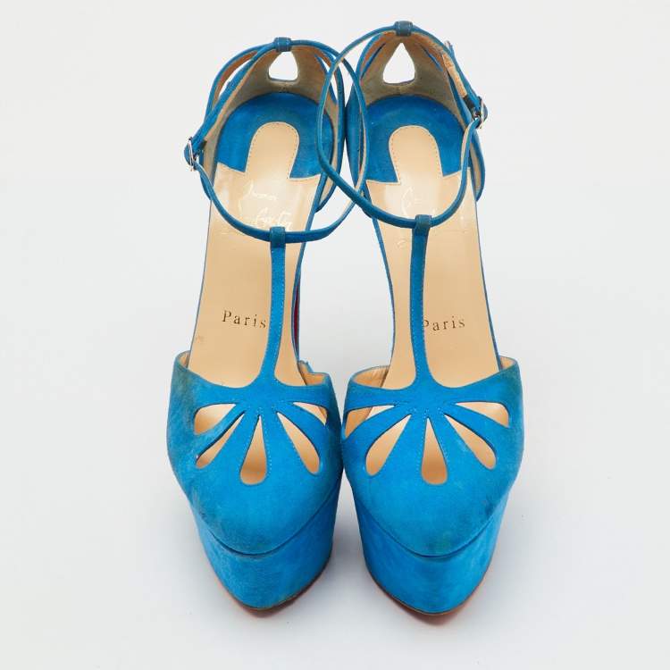 مملوكة مسبقًا Christian Louboutin Blue Suede Mayada T-Strap Platform Pumps Size 38.5