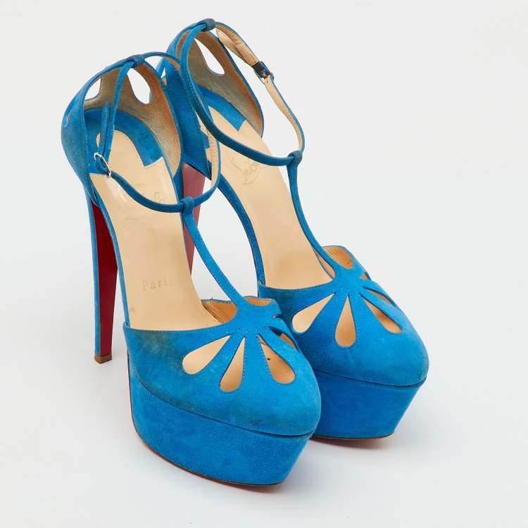مملوكة مسبقًا Christian Louboutin Blue Suede Mayada T-Strap Platform Pumps Size 38.5