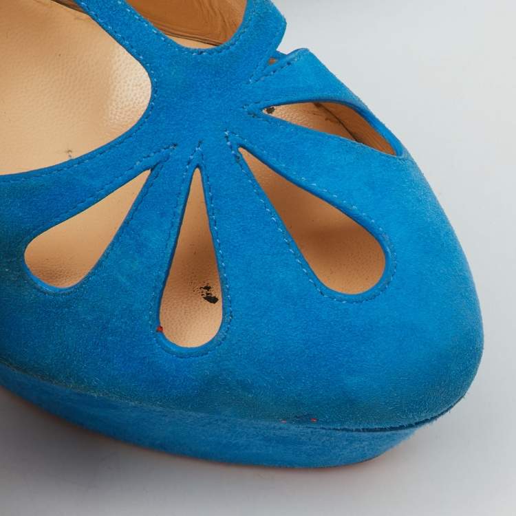 مملوكة مسبقًا Christian Louboutin Blue Suede Mayada T-Strap Platform Pumps Size 38.5