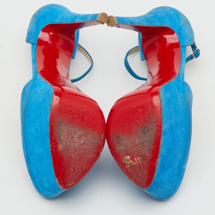 مملوكة مسبقًا Christian Louboutin Blue Suede Mayada T-Strap Platform Pumps Size 38.5