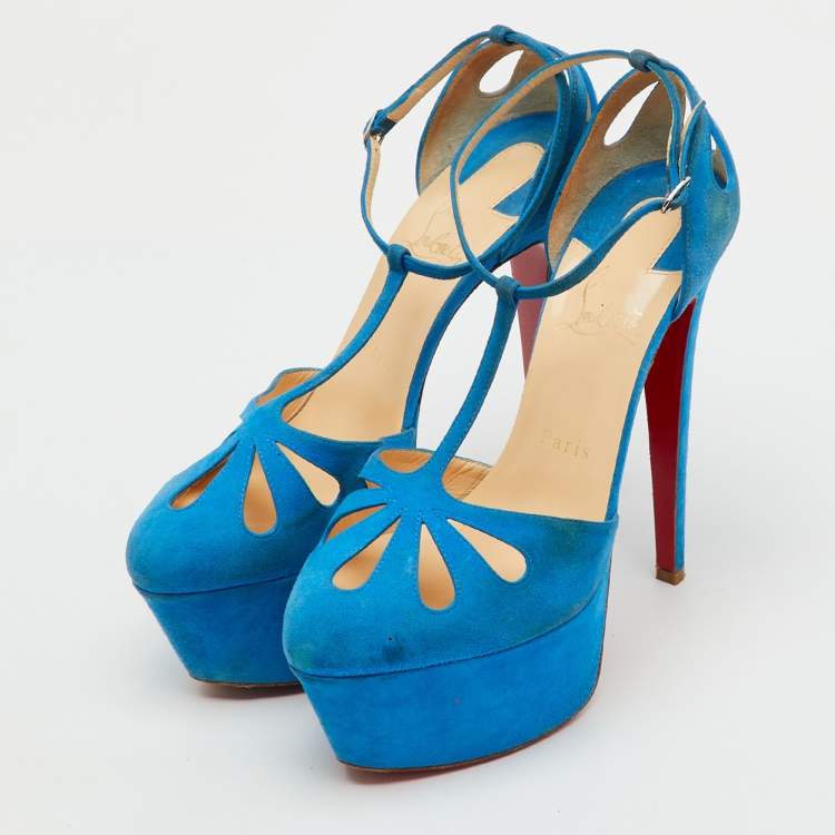 مملوكة مسبقًا Christian Louboutin Blue Suede Mayada T-Strap Platform Pumps Size 38.5