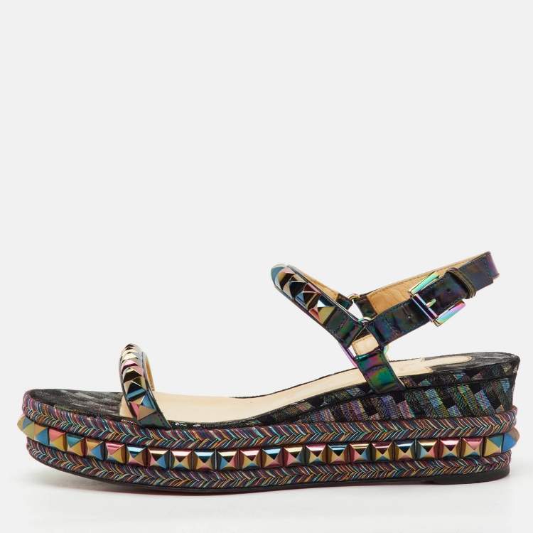 Pre Owned Christian Louboutin Multicolor Patent Leather Cataclou Ankle Strap Platform Sandals Size 39
