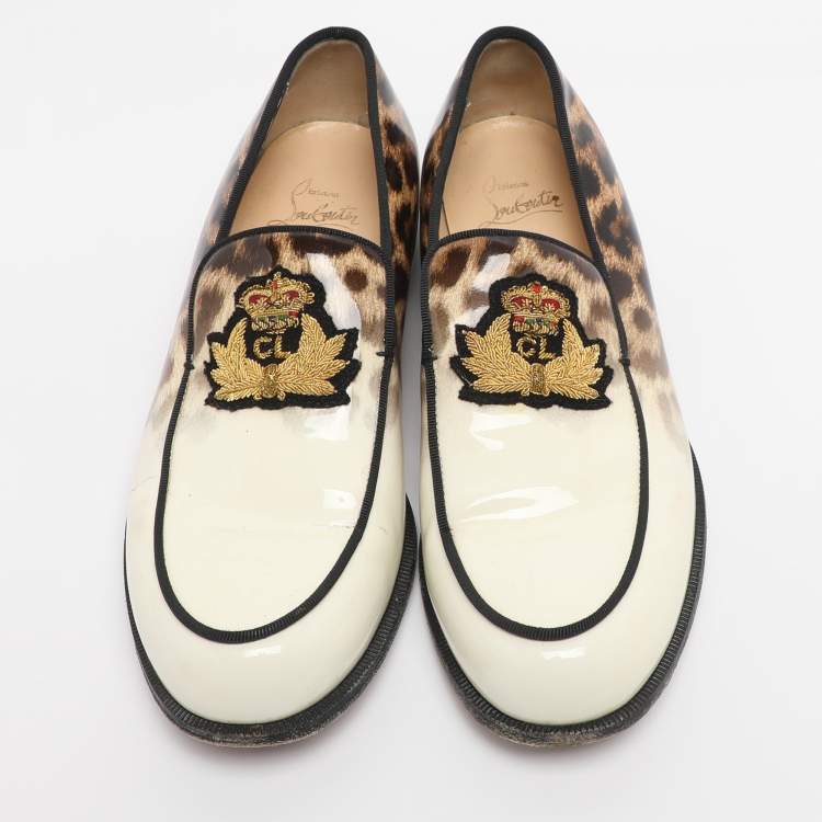 مملوكة مسبقًا Christian Louboutin Cream Leopard Print Patent Leather Laperouza Loafers Size 38.5