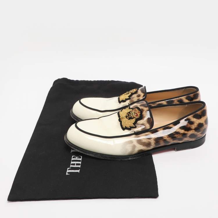 مملوكة مسبقًا Christian Louboutin Cream Leopard Print Patent Leather Laperouza Loafers Size 38.5