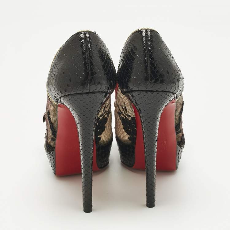 Pre Owned Christian Louboutin Multicolor Lace and Python Leather Calf Hair Bow Peep Toe Platform Pumps Size 38.5