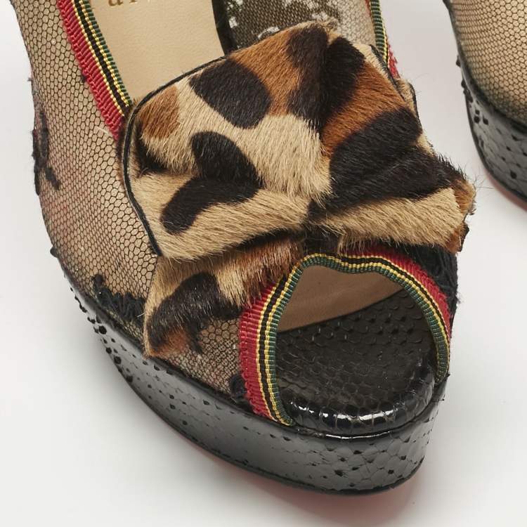 Pre Owned Christian Louboutin Multicolor Lace and Python Leather Calf Hair Bow Peep Toe Platform Pumps Size 38.5