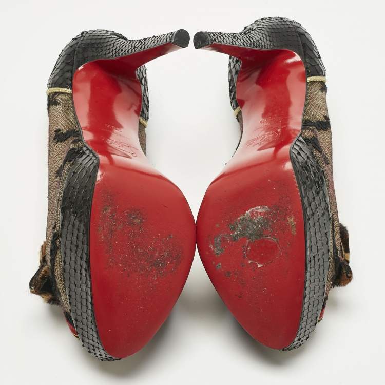 Pre Owned Christian Louboutin Multicolor Lace and Python Leather Calf Hair Bow Peep Toe Platform Pumps Size 38.5