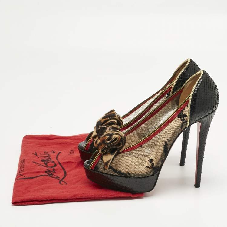 Pre Owned Christian Louboutin Multicolor Lace and Python Leather Calf Hair Bow Peep Toe Platform Pumps Size 38.5