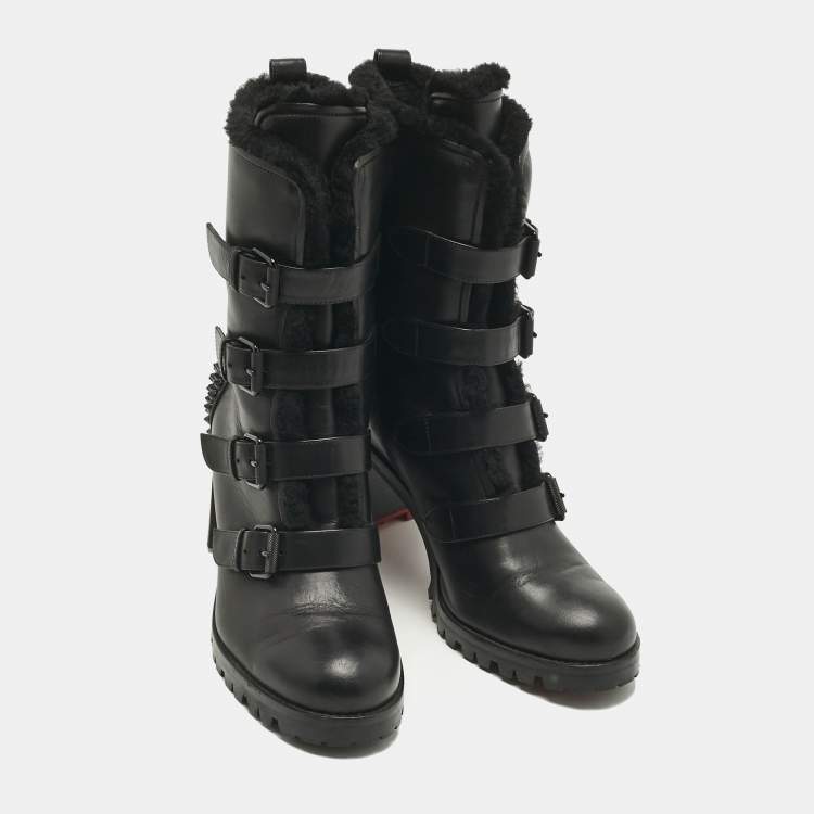 Pre Owned Christian Louboutin Black Leather and Shearing Spike Accents Combat Boots Size 39