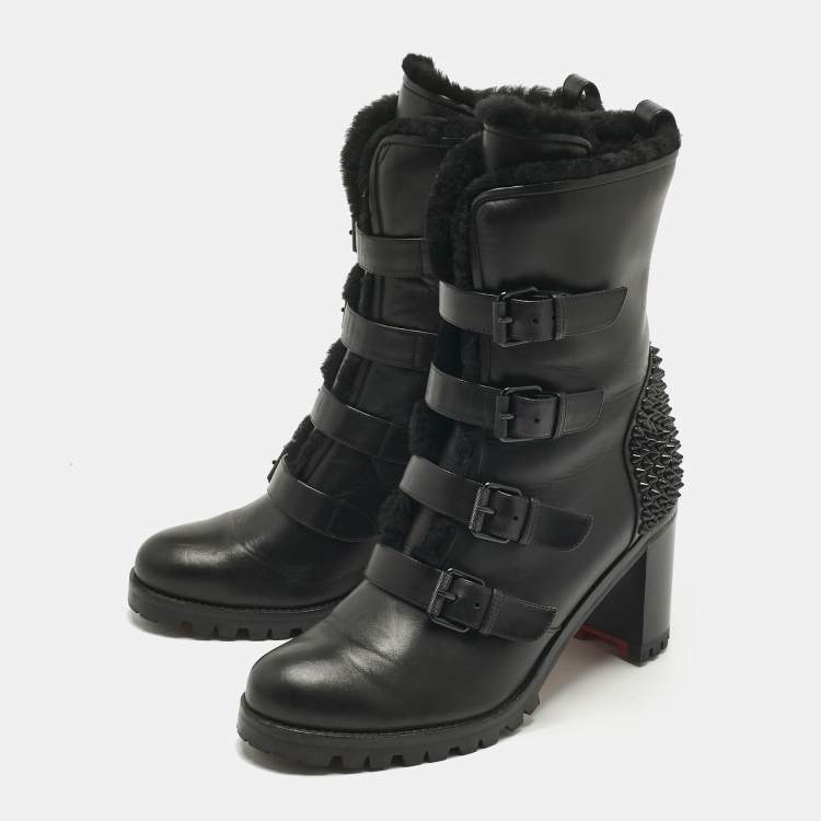 Pre Owned Christian Louboutin Black Leather and Shearing Spike Accents Combat Boots Size 39