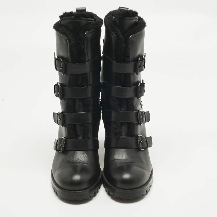 Pre Owned Christian Louboutin Black Leather and Shearing Spike Accents Combat Boots Size 39