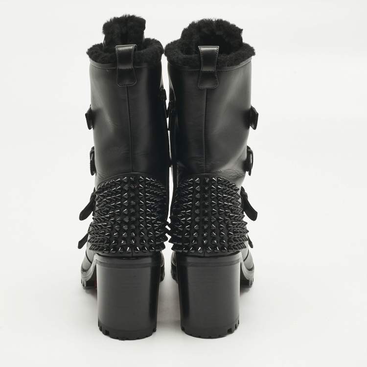 Pre Owned Christian Louboutin Black Leather and Shearing Spike Accents Combat Boots Size 39