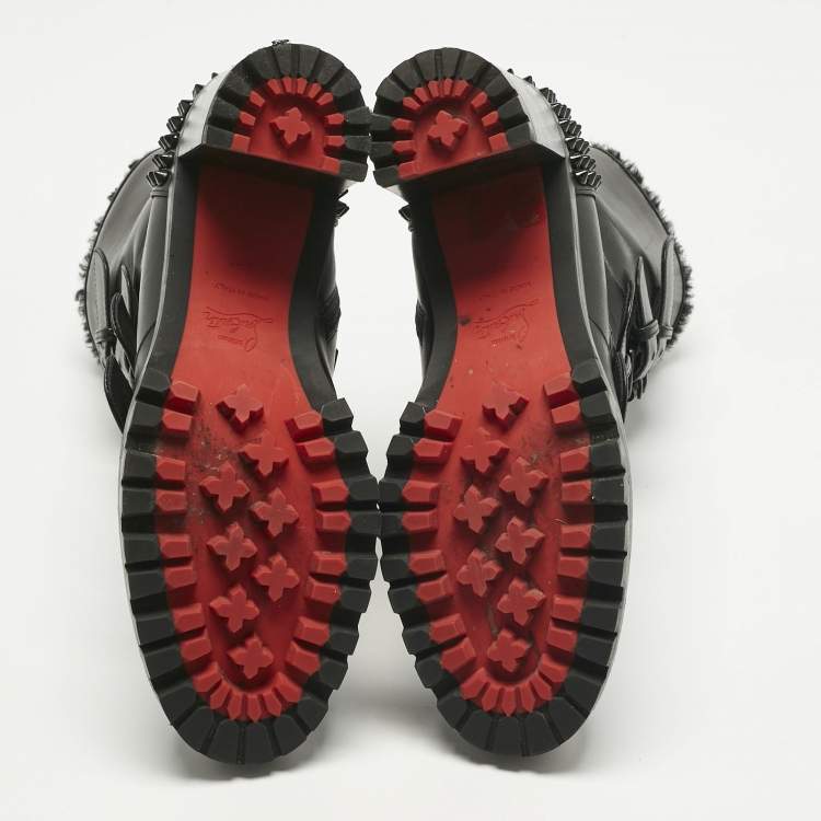 Pre Owned Christian Louboutin Black Leather and Shearing Spike Accents Combat Boots Size 39