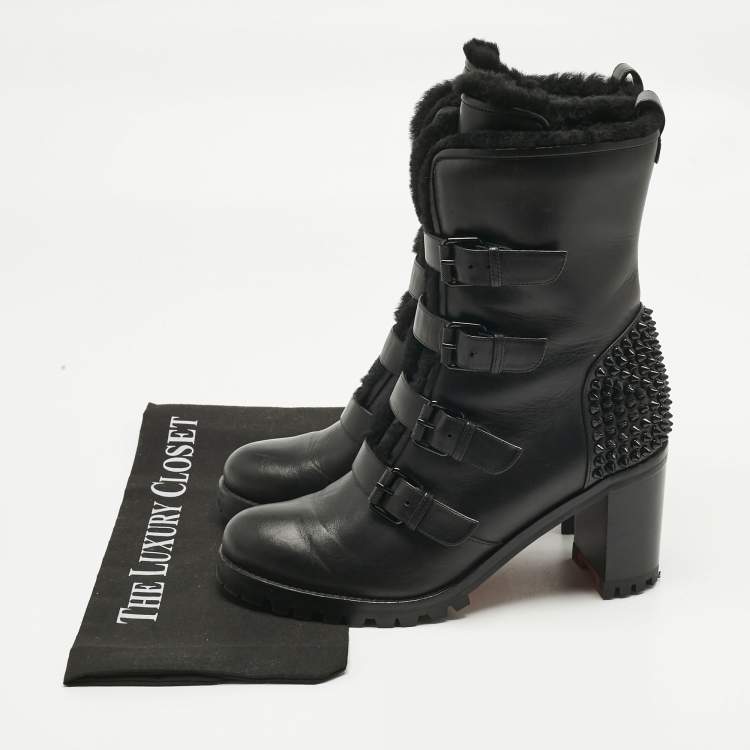 Pre Owned Christian Louboutin Black Leather and Shearing Spike Accents Combat Boots Size 39