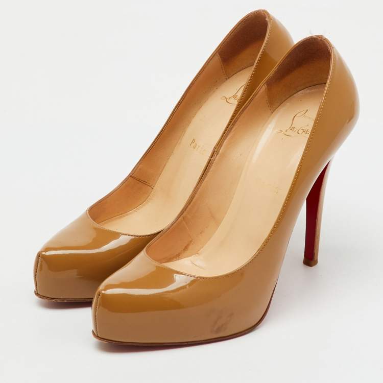 Pre Owned Christian Louboutin Beige Patent Leather Rolando Platform Pumps Size 38.5