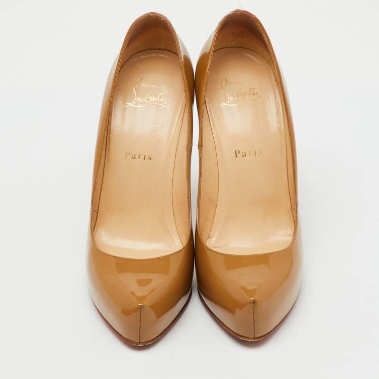 Pre Owned Christian Louboutin Beige Patent Leather Rolando Platform Pumps Size 38.5