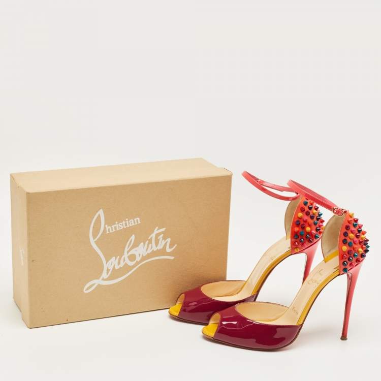 Pre Owned Christian Louboutin Multicolor Patent Leather Pina Spike Ankle Strap Sandals Size 38.5