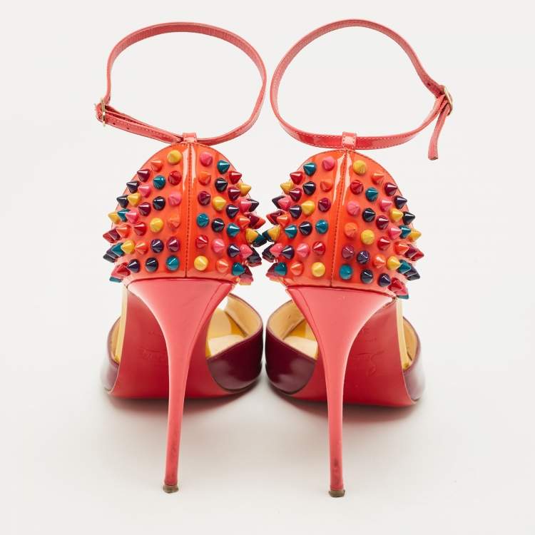 Pre Owned Christian Louboutin Multicolor Patent Leather Pina Spike Ankle Strap Sandals Size 38.5