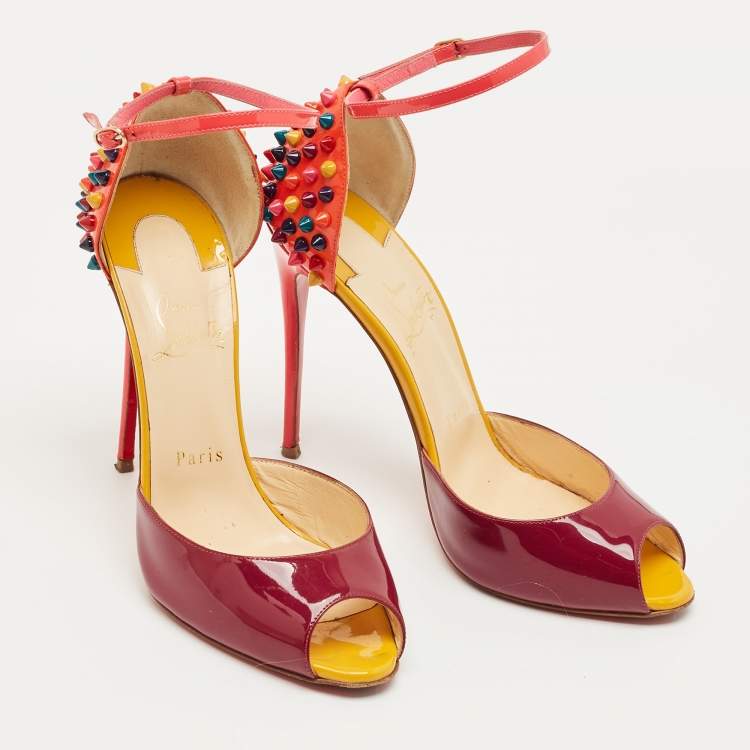 Pre Owned Christian Louboutin Multicolor Patent Leather Pina Spike Ankle Strap Sandals Size 38.5
