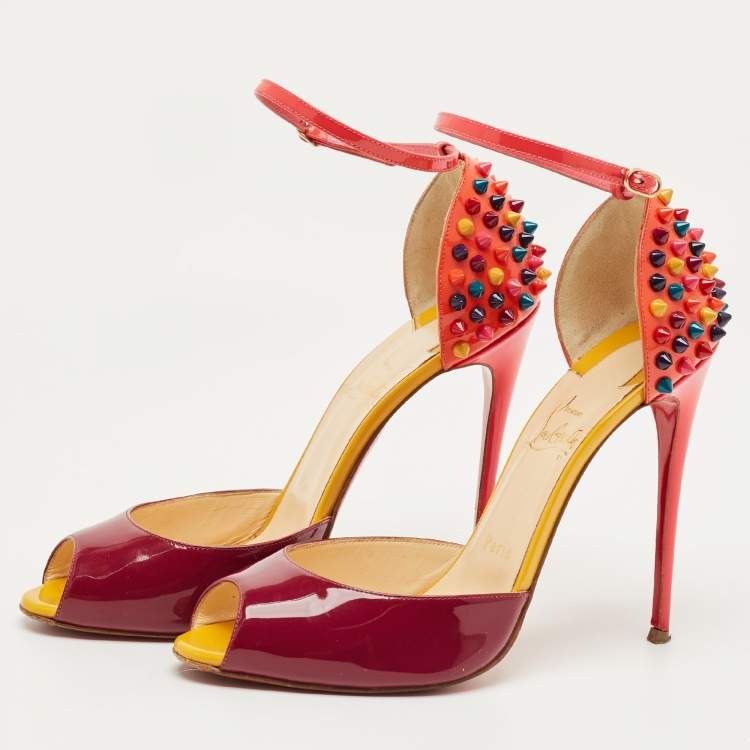 Pre Owned Christian Louboutin Multicolor Patent Leather Pina Spike Ankle Strap Sandals Size 38.5