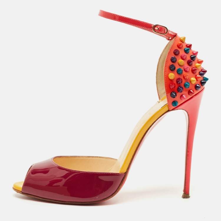 Pre Owned Christian Louboutin Multicolor Patent Leather Pina Spike Ankle Strap Sandals Size 38.5