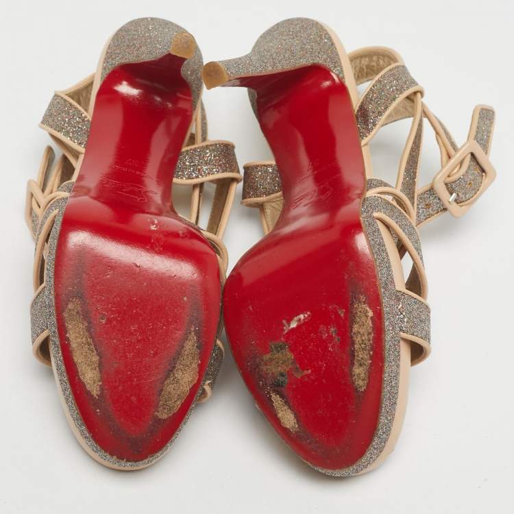 Pre Owned Christian Louboutin Beige/Gold Glitter and Leather Straratata Strappy Platform Sandals Size 37