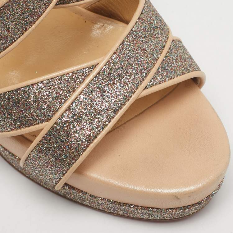 Pre Owned Christian Louboutin Beige/Gold Glitter and Leather Straratata Strappy Platform Sandals Size 37