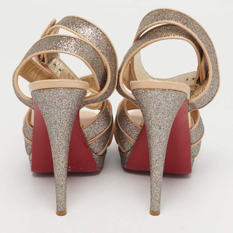Pre Owned Christian Louboutin Beige/Gold Glitter and Leather Straratata Strappy Platform Sandals Size 37