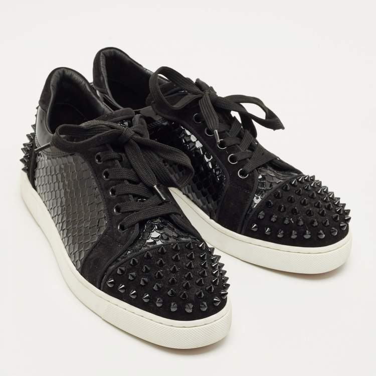 Pre Owned Christian Louboutin Black Python Leather and Suede Vieira Lace Up Sneakers Size 39