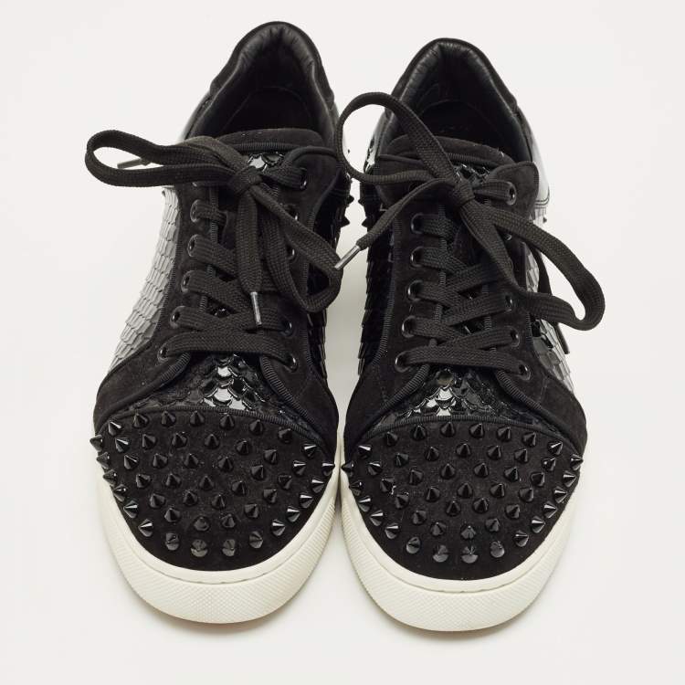 Pre Owned Christian Louboutin Black Python Leather and Suede Vieira Lace Up Sneakers Size 39