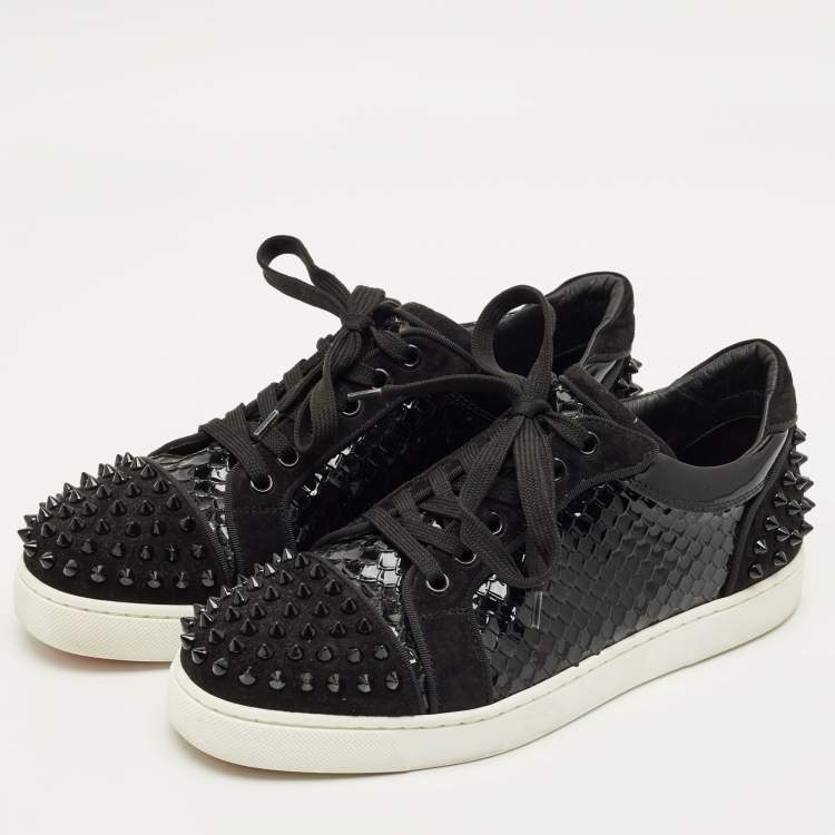 Pre Owned Christian Louboutin Black Python Leather and Suede Vieira Lace Up Sneakers Size 39