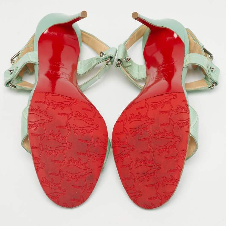 Pre Owned Christian Louboutin Green Alligator Leather Sova Ankle Strap Sandals Size 39.5