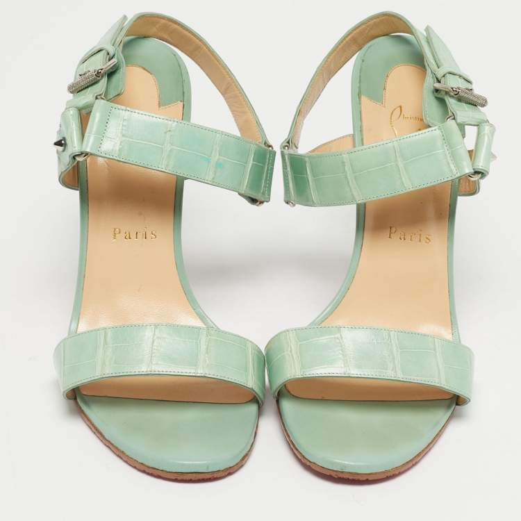 Pre Owned Christian Louboutin Green Alligator Leather Sova Ankle Strap Sandals Size 39.5