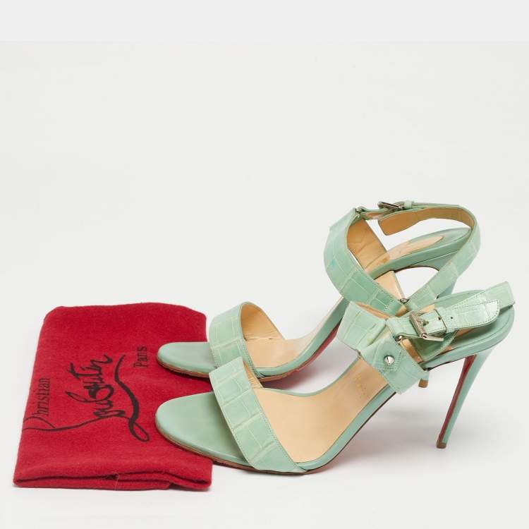 Pre Owned Christian Louboutin Green Alligator Leather Sova Ankle Strap Sandals Size 39.5