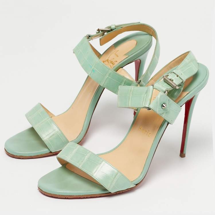 Pre Owned Christian Louboutin Green Alligator Leather Sova Ankle Strap Sandals Size 39.5