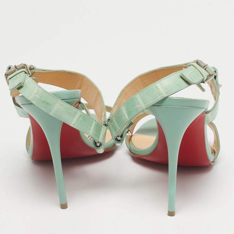 Pre Owned Christian Louboutin Green Alligator Leather Sova Ankle Strap Sandals Size 39.5