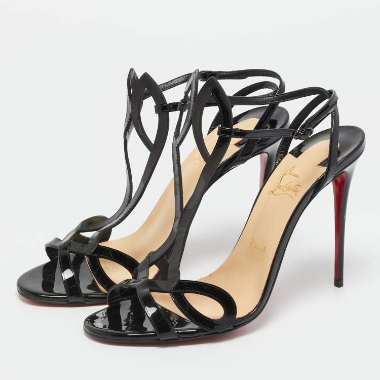 Pre Owned Christian Louboutin Black Patent Leather L 100 Ankle Strap Sandals Size 41