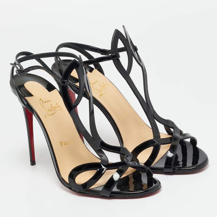 Pre Owned Christian Louboutin Black Patent Leather L 100 Ankle Strap Sandals Size 41