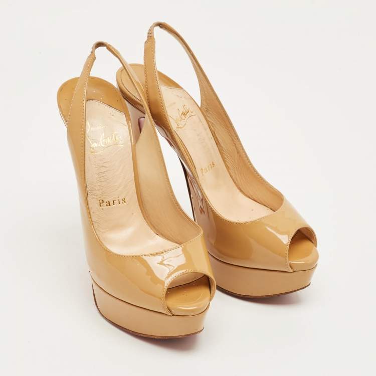 مملوكة مسبقًا Christian Louboutin Beige Patent Leather Private Number Peep Toe Pumps Size 35.5