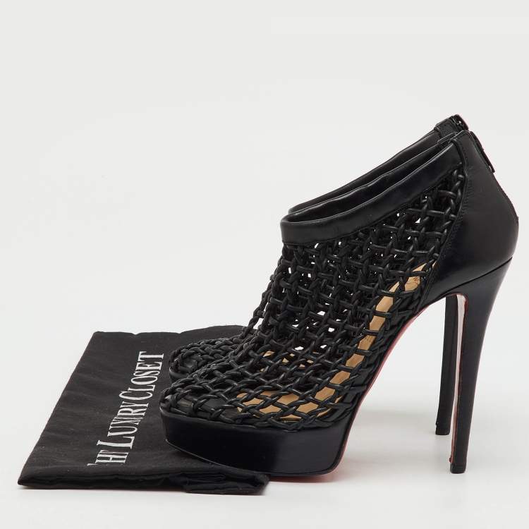 Pre Owned Christian Louboutin Black Leather Coussin Platform Ankle Booties Size 37