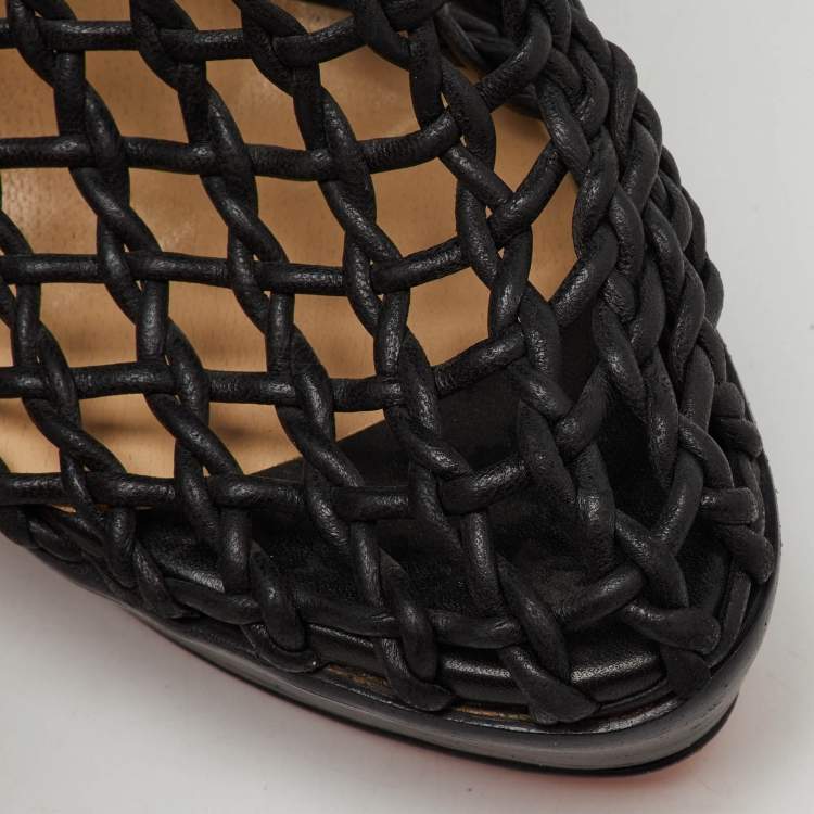 Pre Owned Christian Louboutin Black Leather Coussin Platform Ankle Booties Size 37