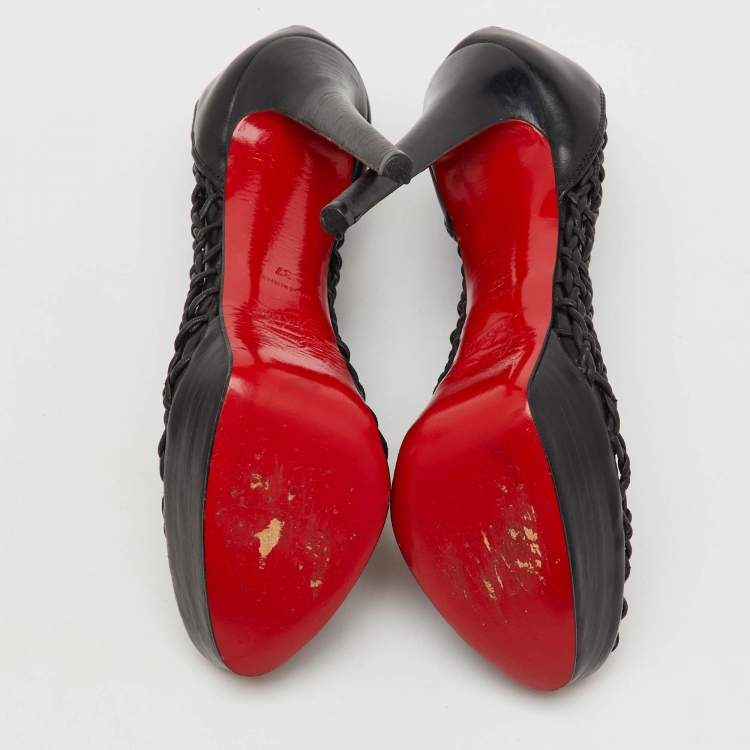 Pre Owned Christian Louboutin Black Leather Coussin Platform Ankle Booties Size 37