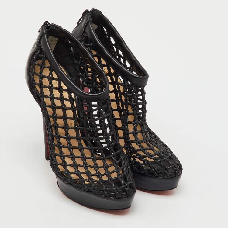 Pre Owned Christian Louboutin Black Leather Coussin Platform Ankle Booties Size 37